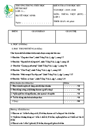 Đề kiểm tra Cuối học kì I môn Tiếng Việt Lớp 3 - Năm học 2019-2020 - Trường Tiểu học Pétrus Ký (Có đáp án)